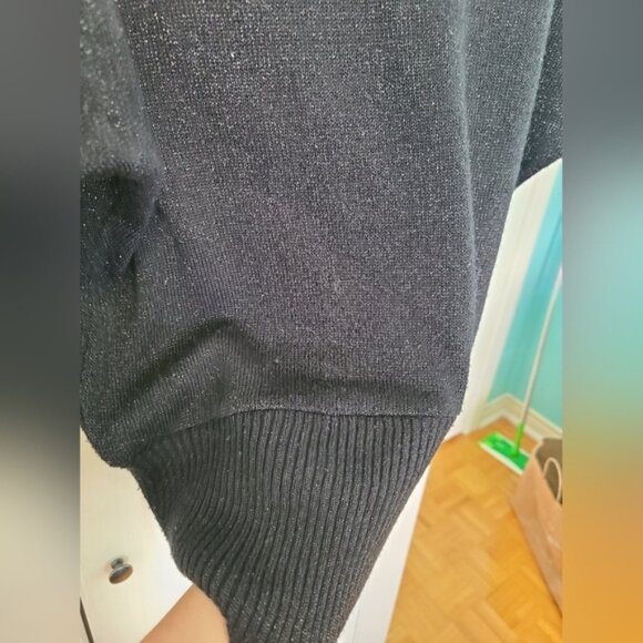 Festive Holiday Party Black Glitter Knit Cold Shoulder Silver Chain Strap Top - Picture 6 of 11